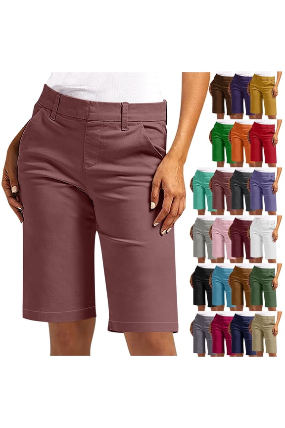 Shorts for Women Summer Plus Size High Elastic Waisted Knee Length Straight Leg Bermuda Short with Pockets,Sizes S-5XL