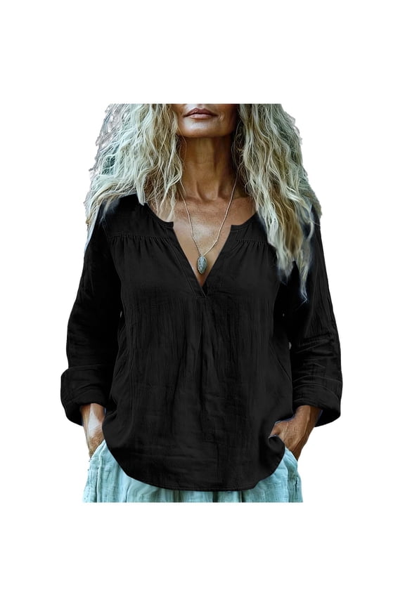 Womens Long Sleeve Tops Women's Solid-Color Cotton Linen Casual Blouse - Loose Fit Long Sleeve Split V-Neck Smocked Breathable Lightweight Top for Daily Traveling & Vacation Wear S-2XL