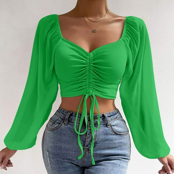 Dgankt Womens Shirts Long Sleeve Mesh Solid Color Drawstring-Neck Cropped Long Sleeves Top Blouse,Size S-3XL
