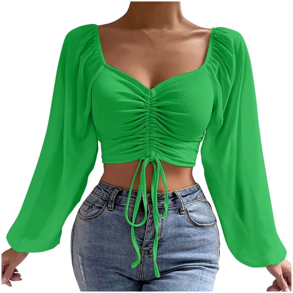 Dgankt Womens Shirts Long Sleeve Mesh Solid Color Drawstring V Neck Cropped Long Sleeves Top Blouse,Size S-3XL