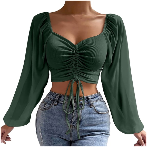 Dgankt Womens Shirts Long Sleeve Mesh Solid Color Drawstring V Neck Cropped Long Sleeves Top Blouse,Size S-3XL