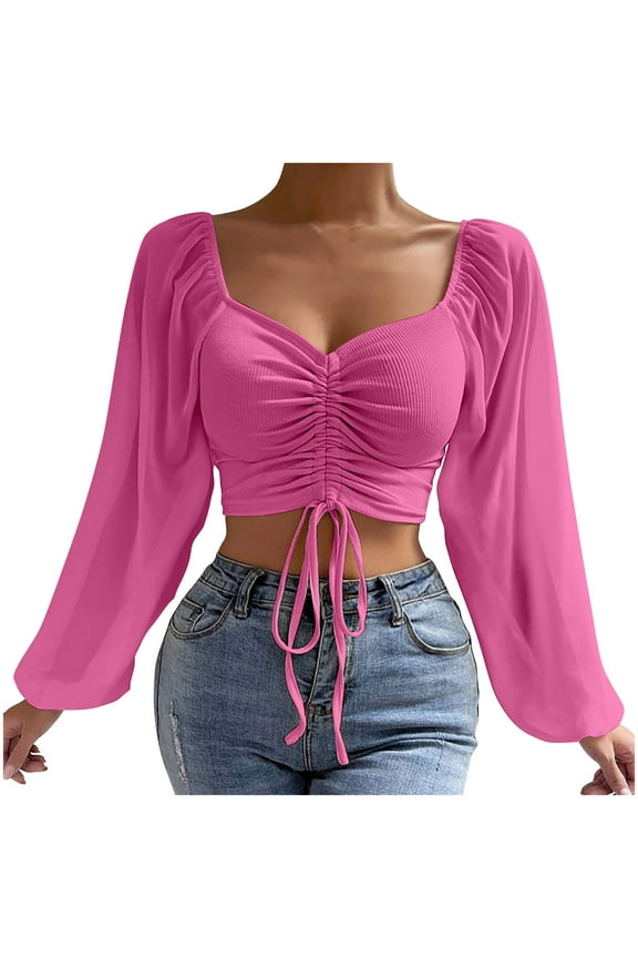 Womens Shirts Long Sleeve Mesh Solid Color Drawstring V Neck Cropped Long Sleeves Top Blouse,Size S-3XL