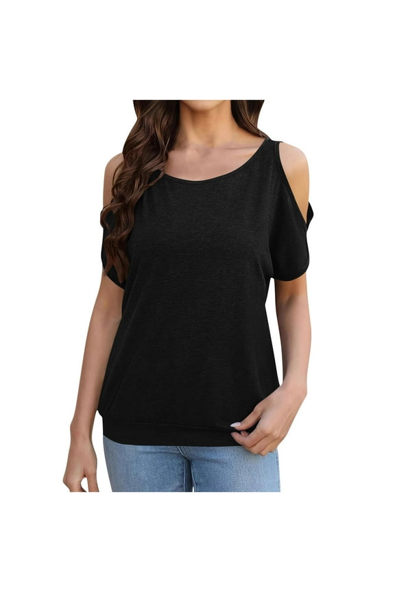 Womens Shirts Off Shoulder Raglan Sleeve Solid Crew Neck Short Sleeve Summer Casual Top,Sizes S-2XL