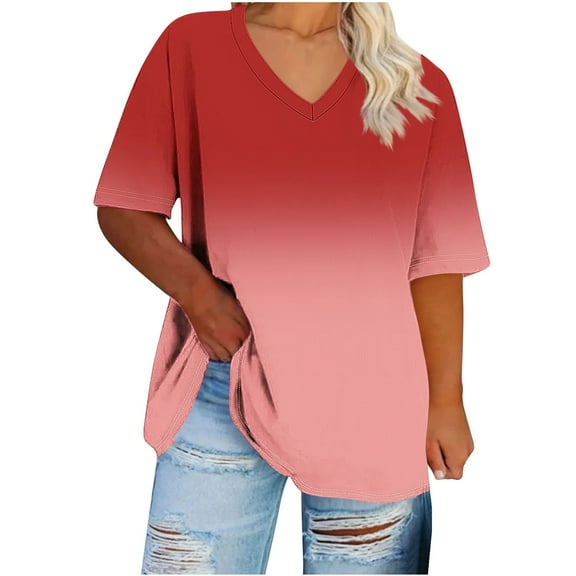 Dgankt Womens Shirts Plus Size Gradient Solid V Neck Short Sleeve Summer Basic T-shirt,Sizes S-5XL