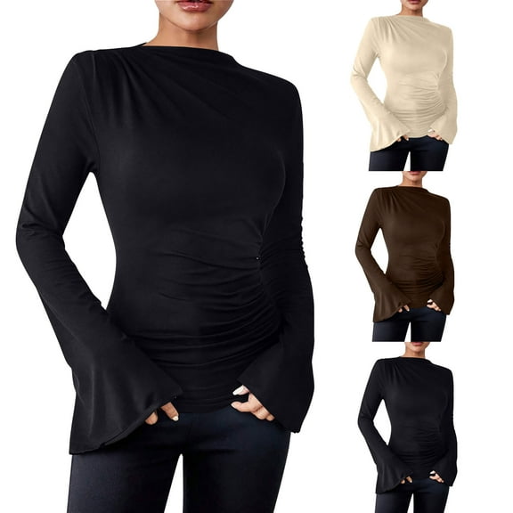Dgankt Womens Shirts Women's Long Sleeve Shirts Fall Crop Going Out Tops Casual Boat Neck Bell Sleeve Ribbed Ruched Y2K Clothes