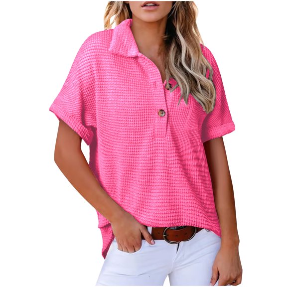 Dgankt Womens Short Sleeve Tops Button Front Solid Collared Short Sleeve Summer Loose Blouse,Sizes S-2XL