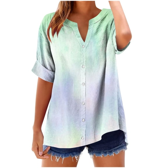 Dgankt Womens Short Sleeve Tops Tie-dye Gradient V Neck Button Short Sleeve Summer Loose Tee,Sizes S-2XL