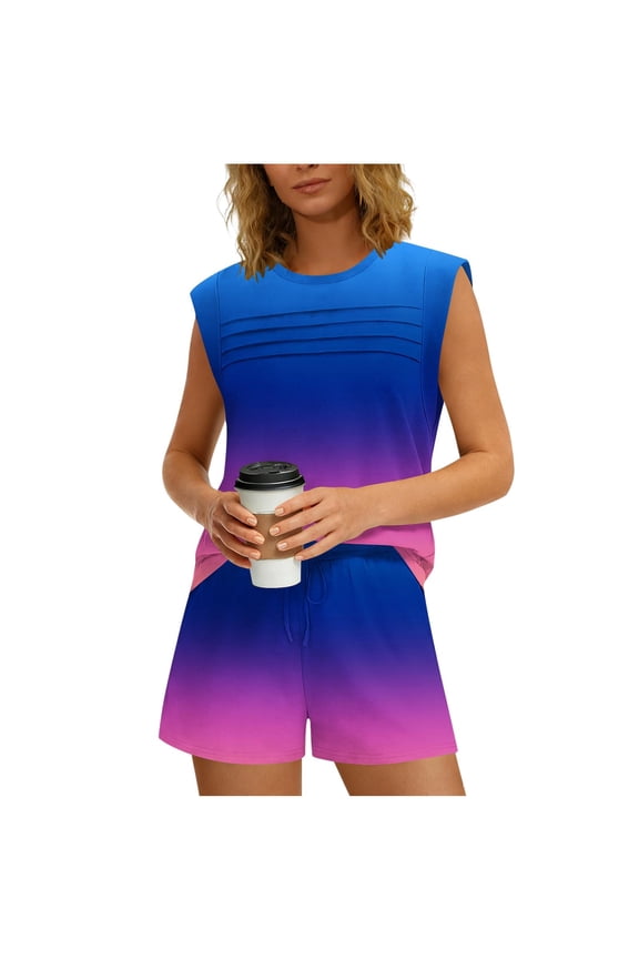 Womens Shorts Women's Gradient 2-Piece Casual Outfit - Sleeveless Tank Top & Drawstring Shorts for Errands, Coffee Runs, Brunch Dates & Weekend Hangouts S-2XL