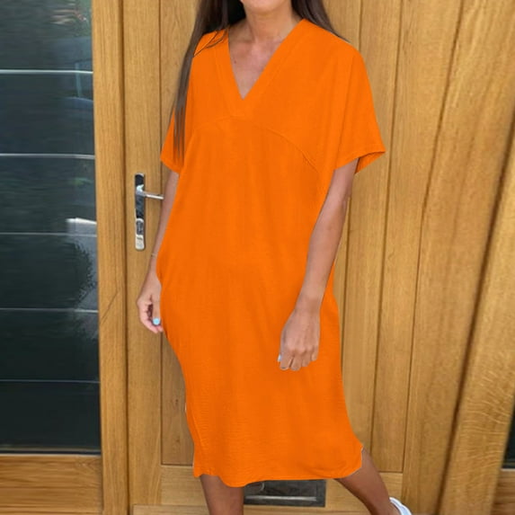Dgankt Womens Summer Dresses Women's Loose Fit V Neck Short Sleeve Tunic Solid Color Shift Dress on Clearance