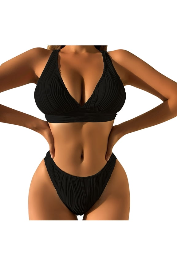 Womens Swimsuits V Neck Hanging Neck Bikini Sets Push-up Padded Swimwear Beachwear Set,Sizes S-XL
