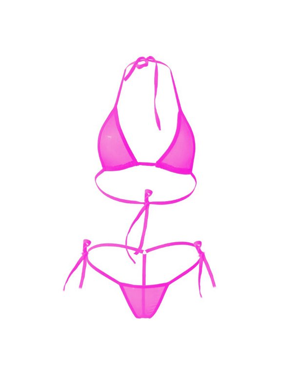 Womens Swimsuits Women's Sheer Mesh Halter Bikini Set Self Tie Triangle Two Piece Swimsuit