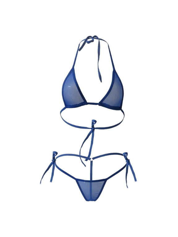 Womens Swimsuits Women's Sheer Mesh Halter Bikini Set Self Tie Triangle Two Piece Swimsuit