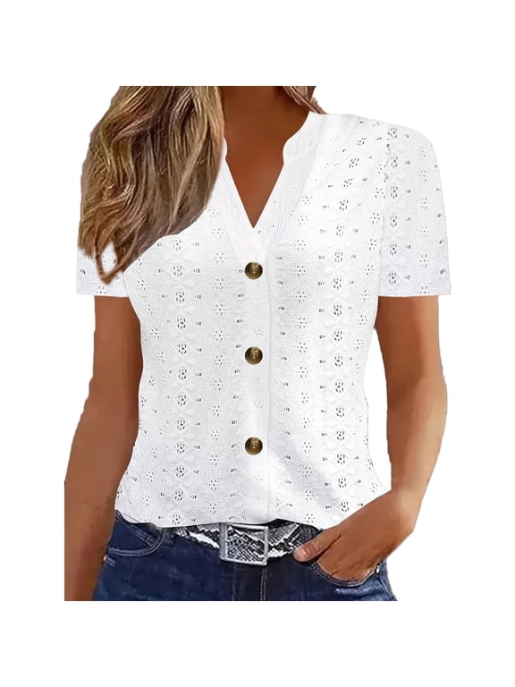 Womens Tops Button Double-front Solid V Neck Loose Short Sleeve Casual Comfort Top,Sizes XS-2XL