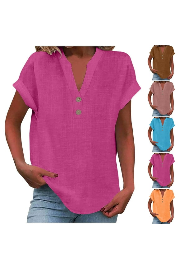 Womens Tops Button Placket Solid V Neck Loose Short Sleeve Daily Tee,Sizes S-2XL