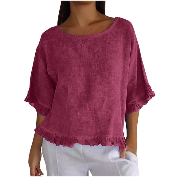 Dgankt Womens Tops Cotton Linen 3/4 Sleeve Crew Neck Ruffled Hem Casual Office Shirt,Sizes S-2XL