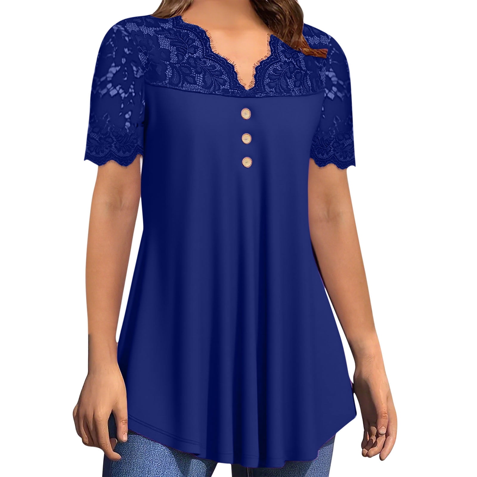 Dgankt Womens Tops Lace Trim Solid V Neck Short Sleeve Casual Daily ...