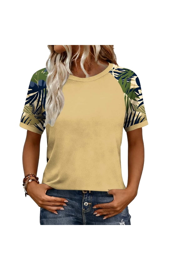 Womens Tops Women's Tropical Leaf Print Raglan Shirt - Casual Short Sleeve Crewneck Summer Top with Contrast Botanical Sleeves for Vacation, Weekend Errands & Everyday Boho Style S-2XL