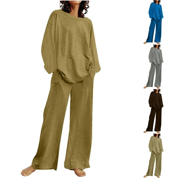 Dgankt Workout Sets for Women Casual Long Sleeved Round Neck Top/Loose Straight Tube Long Pants Set,Size S-5XL