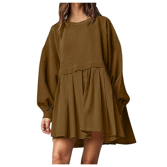 Dgankt omens Dresses Fall And Winter Crew Neck Puff Long Sleeve Oversized Sweatshirt Dress,Sizes S-2XL
