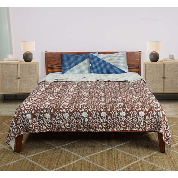 Dhaka International 100% Cotton Handmade Block Printed Bedspread | Lightweight Reversible Bed Cover for All Seasons - ( Brown -108x108 " King / king )