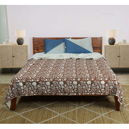 Dhaka International Brown Block Printed Cotton Bedspread, Single / Twin Size - Lightweight, Reversible, All Seasons
