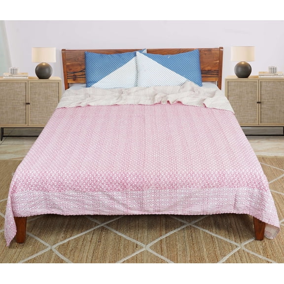Dhaka International Pink Block Printed Cotton Bedspread, Single/Twin - Lightweight, Reversible, All Seasons