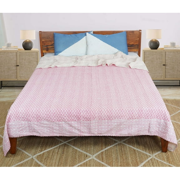 Dhaka International Pink Block Printed 100% Cotton Bedspread, Double / Queen Size - Lightweight, Reversible, All Seasons