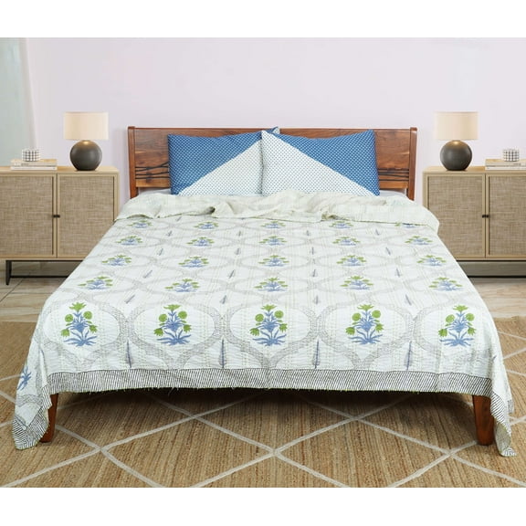 Dhaka International 100% Cotton Handmade Block Printed Bedspread | Lightweight Reversible Bed Cover for All Seasons - ( White - 60x90 " Single / Twin Size )