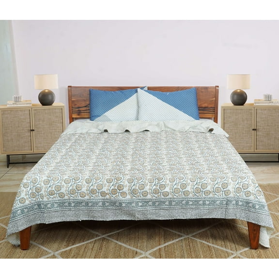 Dhaka International Handcrafted 100% Cotton Block Print Bedspread | Yellow Twin/Single Lightweight Reversible All-Season Cover 60x90"