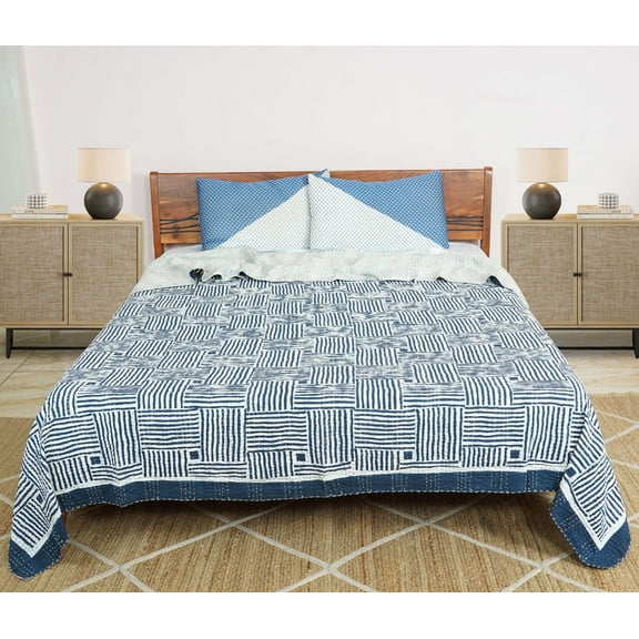 Dhaka International 100% Cotton Handmade Block Printed Bedspread | Lightweight Reversible Bed Cover for All Seasons - ( blue - 60x90 " Single / Twin Size )