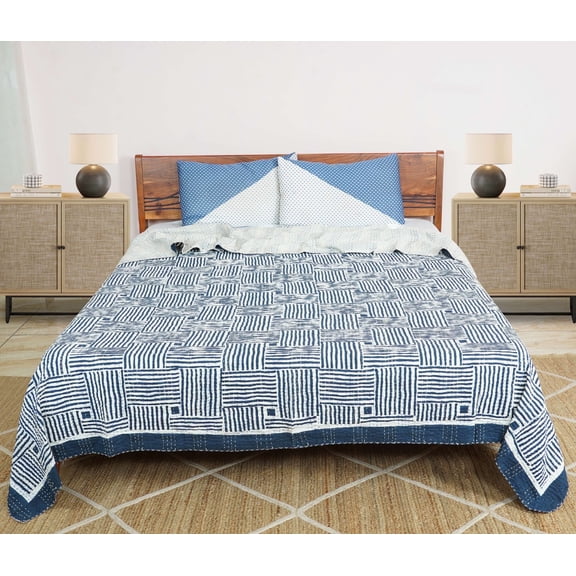 Dhaka International 100% Cotton Handmade Block Printed Bedspread | Lightweight Reversible Bed Cover for All Seasons - ( blue - 90x108 " Double / Queen Size )
