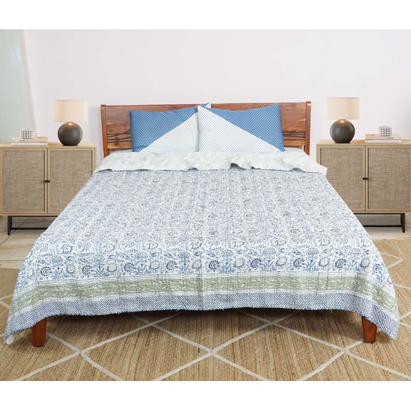 Dhaka International 100% Cotton Handmade Block Printed Bedspread | Lightweight Reversible Bed Cover for All Seasons - ( blue - 90x108 " Double / Queen Size )