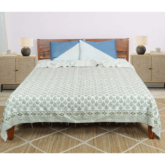 Dhaka International 100% Cotton Handmade Block Printed Bedspread | Lightweight Reversible Bed Cover for All Seasons - ( green - 90x108 " Double / Queen Size )