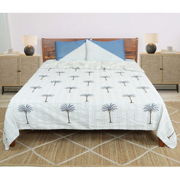 Dhaka International 100% Cotton Handmade Block Printed Bedspread | Lightweight Reversible Bed Cover for All Seasons - ( off-white - 60x90 " Single / Twin Size )