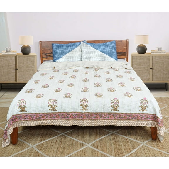 Dhaka International Handmade Kantha Bedspread, Rustic Brown Floral Cotton Bohemian Blanket