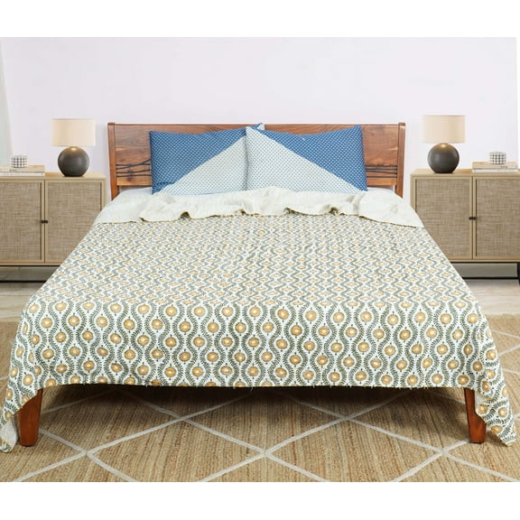 Dhaka International 100% Cotton Block Printed Bedspread Yellow 90x108 Inch Queen Size Reversible Lightweight All Season Bed Cover