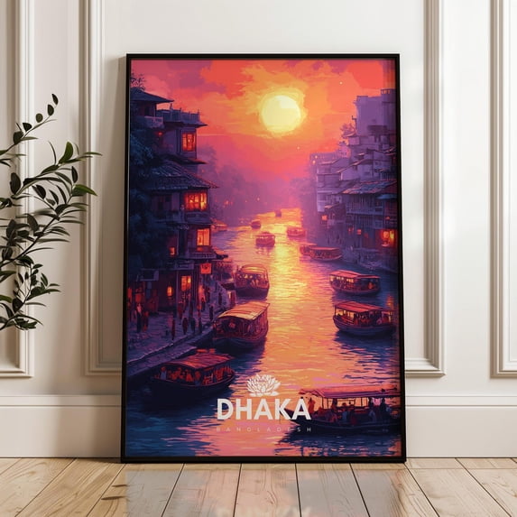 Dhaka Sunset River Print, Bangladesh Travel Print, Colorful Cityscape, Unframed Paper Poster 11x14in