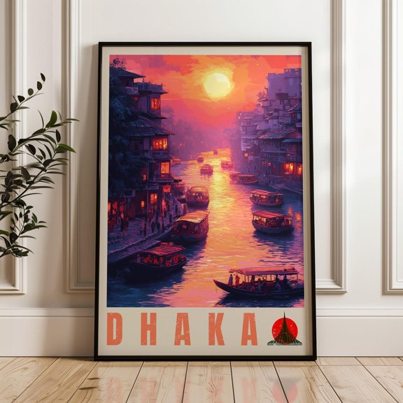 Dhaka Sunset River Print, Bangladesh Travel Print, Colorful Cityscape, Unframed Paper Poster 8x10in