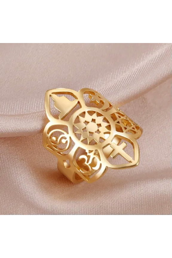 Dharma Wheel of Life Lotus Flower Yoga Ring Adjustable Star Moon Cross Yin Yang