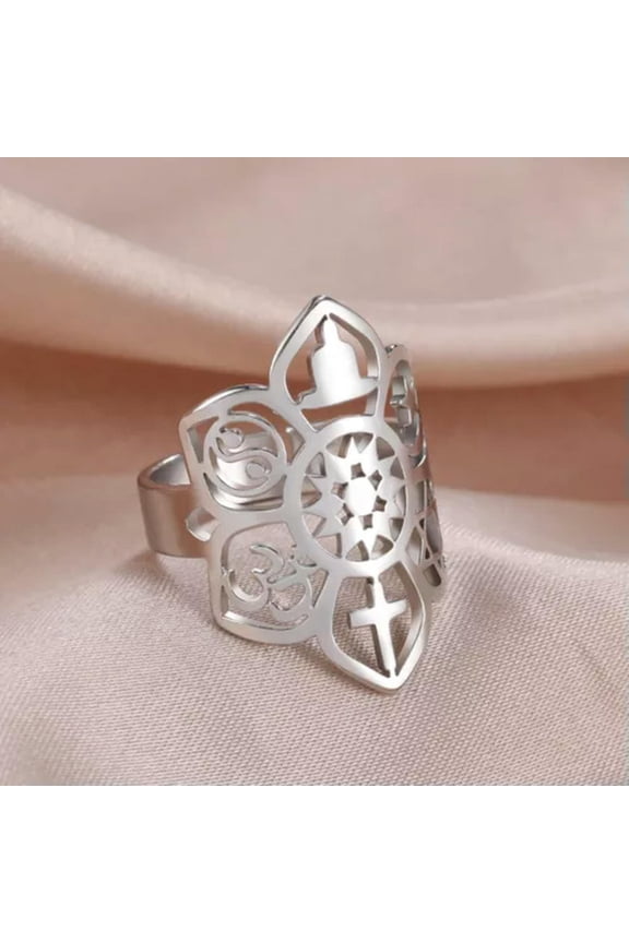Dharma Wheel of Life Lotus Flower Yoga Ring Adjustable Star Moon Cross Yin Yang