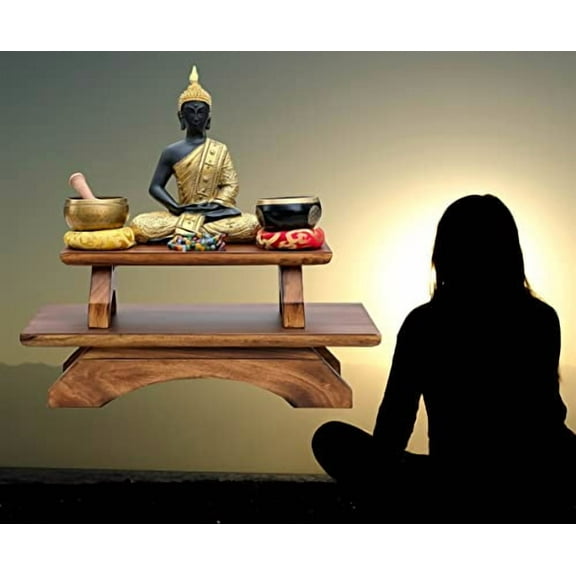 DharmaObjects Premium Solid Wood Hand Carved Personal Shrine Altar Meditation Table Multi Levels (9" High)