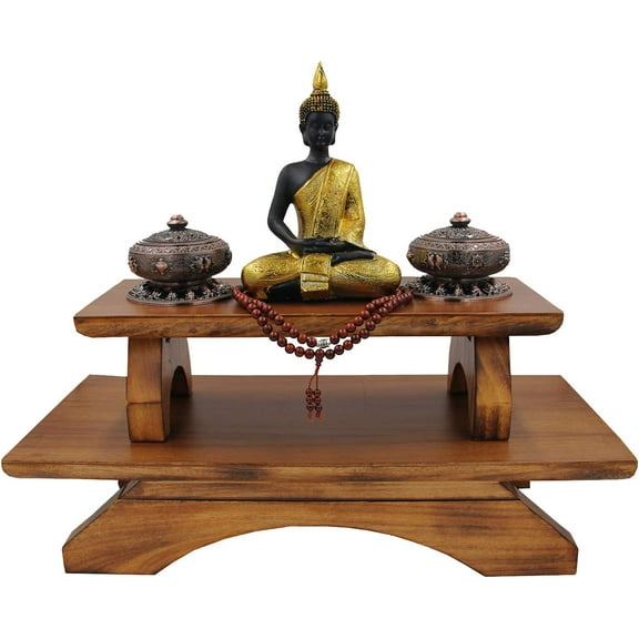 DharmaObjects Premium Solid Wood Hand Carved Personal Shrine Altar Meditation Table Multi Levels (9" High)