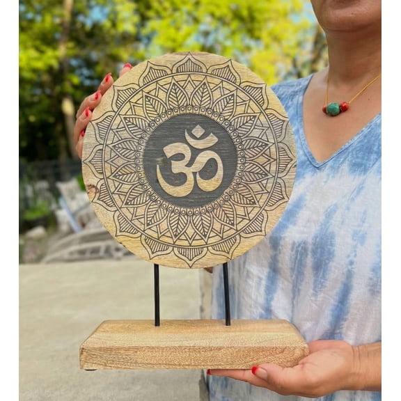 DharmaObjects Rustic Natural Wooden Tabletop Decoration Hindu OM - Handcrafted Elegance for Your Home (Black)