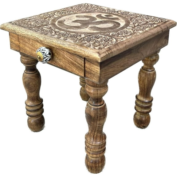 DharmaObjects Solid Mango Wood Hand Carved Prayer Puja Shrine Altar Meditation Table (OM)