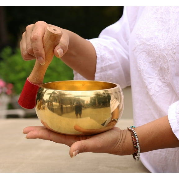 Dharmaobjects 6" Wood and Silk Decorative Bowls, Gold Tibetan Extra Large Heavy Meditation Ring Gong Singing With Mallet and Silk Cushion