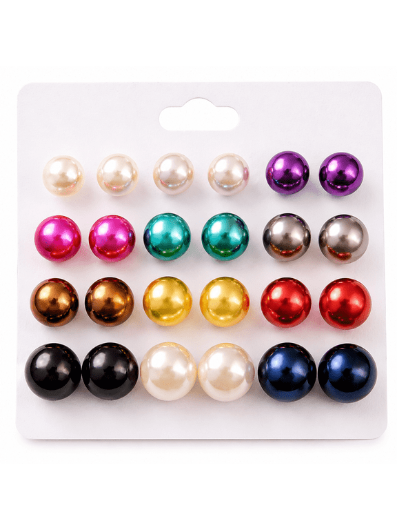 Dhavora Colorful Pearl Stud Earrings Set for Women Mixed Sizes 6mm, 8mm & 10mm Glossy Round Faux Pearl Earrings, Multi-Color Pack, Lightweight Everyday Fashion Jewelry