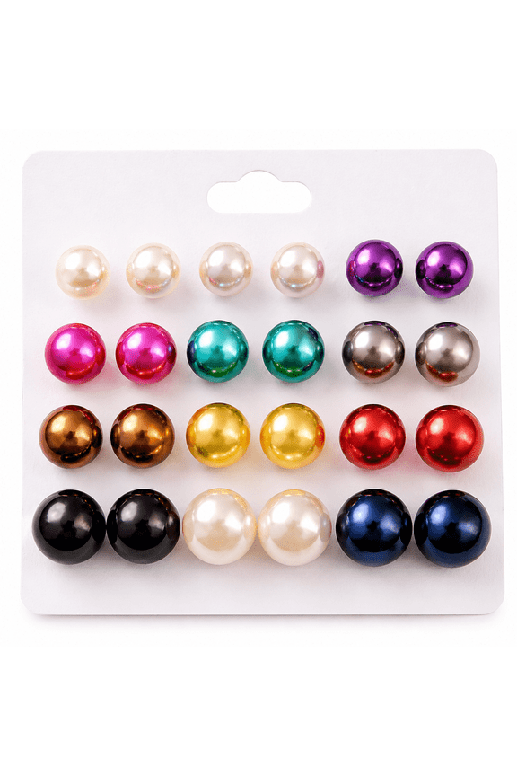 Dhavora Colorful Pearl Stud Earrings Set for Women Mixed Sizes 6mm, 8mm & 10mm Glossy Round Faux Pearl Earrings, Multi-Color Pack, Lightweight Everyday Fashion Jewelry