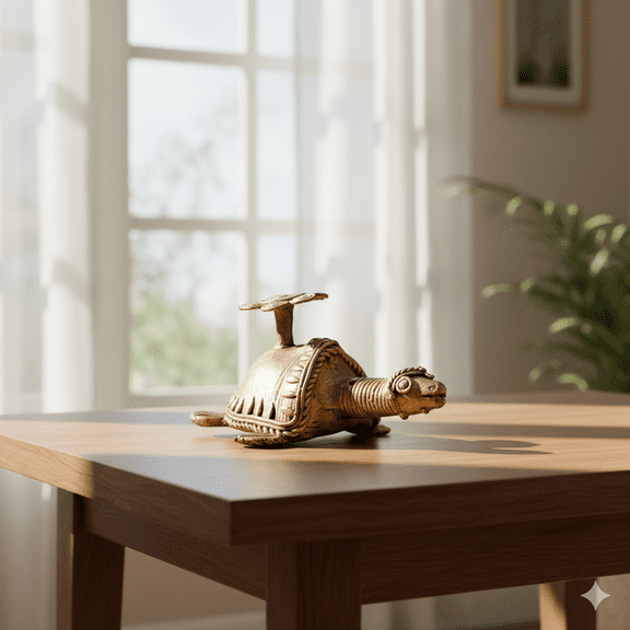 Dhokra Art Tortoise Figurine, 5 cm - Symbol of Longevity & Wisdom, Brass Gold Finish