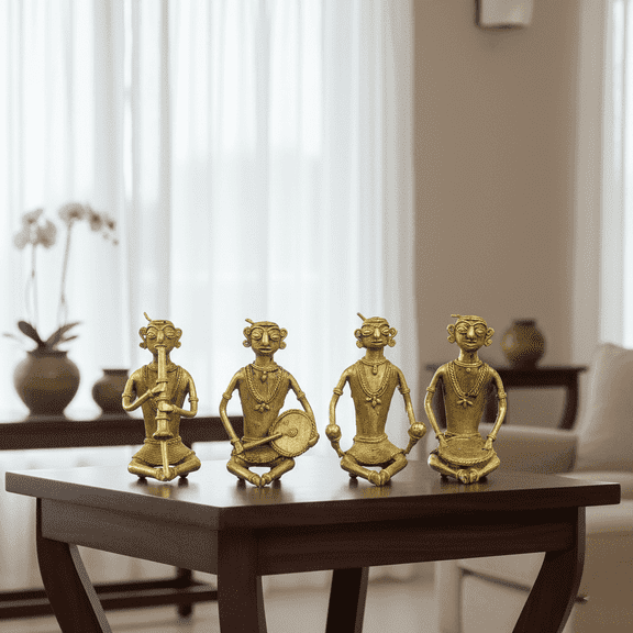 NATRIEL Dhokra Art Tribal Musicians - Intricately Crafted from Chhattisgarh Decorative Showpiece - 12 cm (Brass, Gold)