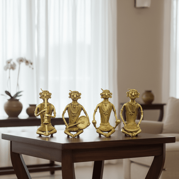 Dhokra Art Tribal Musicians, 12 cm - Brass Showpiece with Intricate Craft, Gold Finish